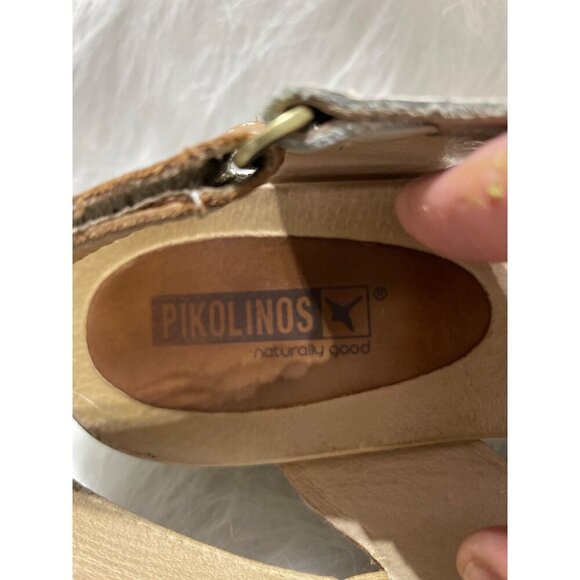 Pikolinos Womens Leather Sandals Beige & Tan Open Toe Croc Embossed Crisscross - Picture 6 of 8